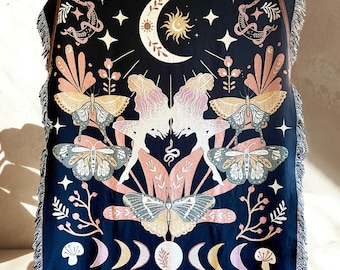 FAIRYCORE WOVEN BLANKET Witch Celestial Decor | Whimsigoth Woven Throw Blanket Moth Blanket Goblincore Cottagecore Decor Dark Academia Decor