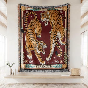 TIGER TAROT TAPESTRY RED. RED WOVEN BLANKET. RED WOVEN THROW BLANKET WITH TIGERS