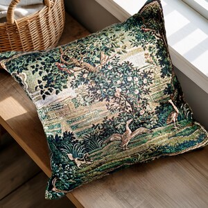 Vintage taptestry pillow. Antique french verdure tapestry pillow.