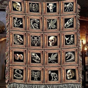 Halloween woven blanket with skeletons, vampires, bats,fairies, snakes, werewolves and black cats.