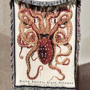 Fisherman Aesthetic Gift for octopus lover. Giant octopus woven tapestry blanket