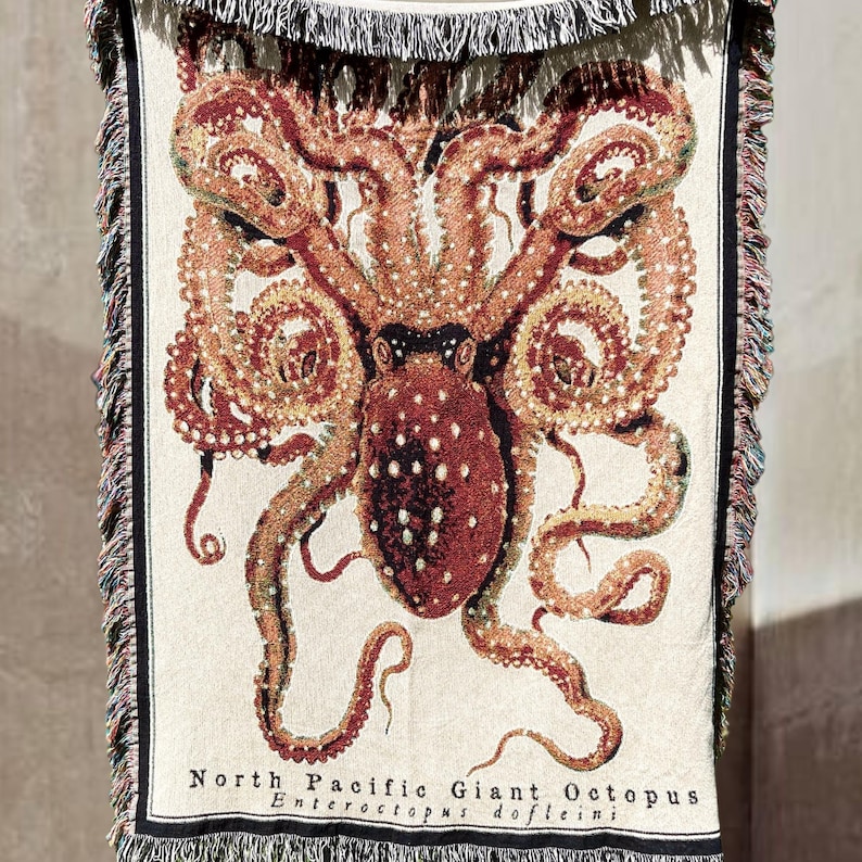 Fisherman Aesthetic Gift for octopus lover. Giant octopus woven tapestry blanket