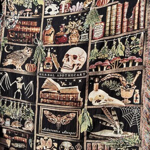 Dark Academia Decor Apothecary woven blanket. Wonderfully detailed woven apothecary shelves filled with magical items.