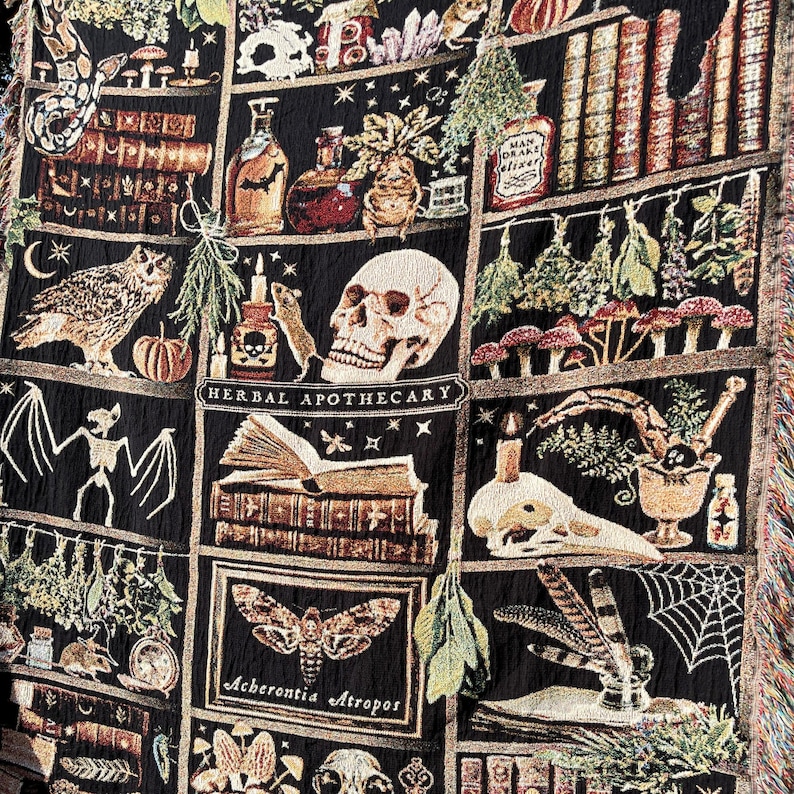 Dark Academia Decor Apothecary woven blanket. Wonderfully detailed woven apothecary shelves filled with magical items.