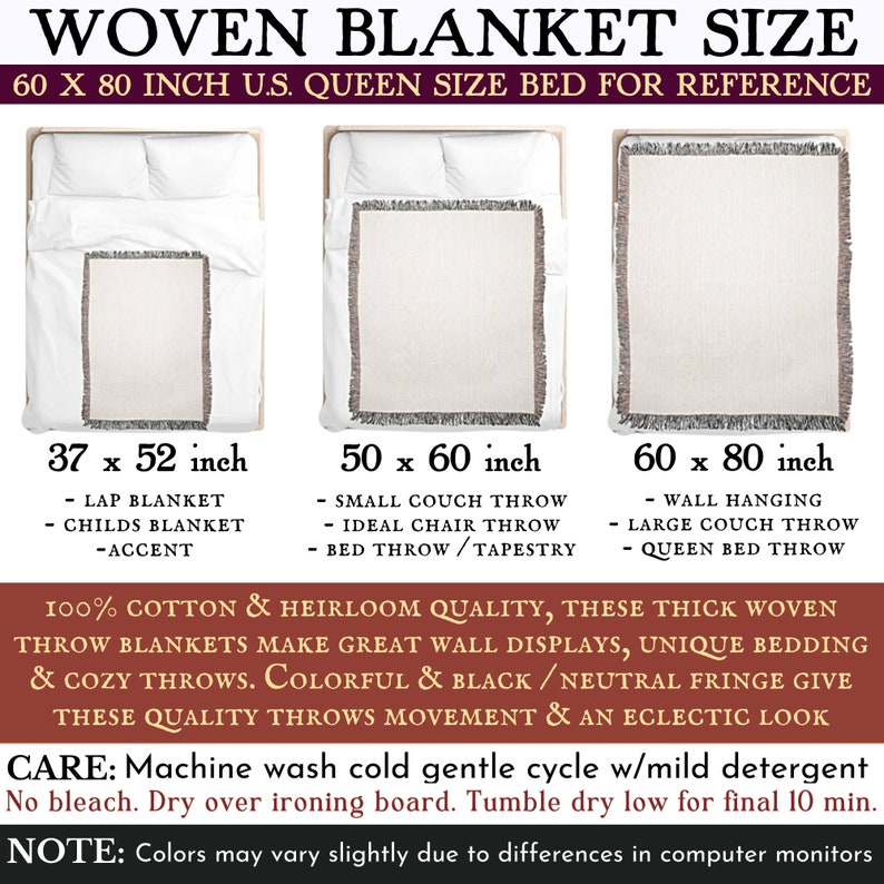 Pu&ograve; includere: Un grafico che mostra tre diverse dimensioni di coperte tessute con frange. Le dimensioni sono 37 x 52 pollici, 50 x 60 pollici e 60 x 80 pollici. Il grafico include anche un letto queen-size per riferimento. Il testo recita "WOVEN BLANKET SIZE 60 X 80 INCH U.S. QUEEN SIZE BED FOR REFERENCE".