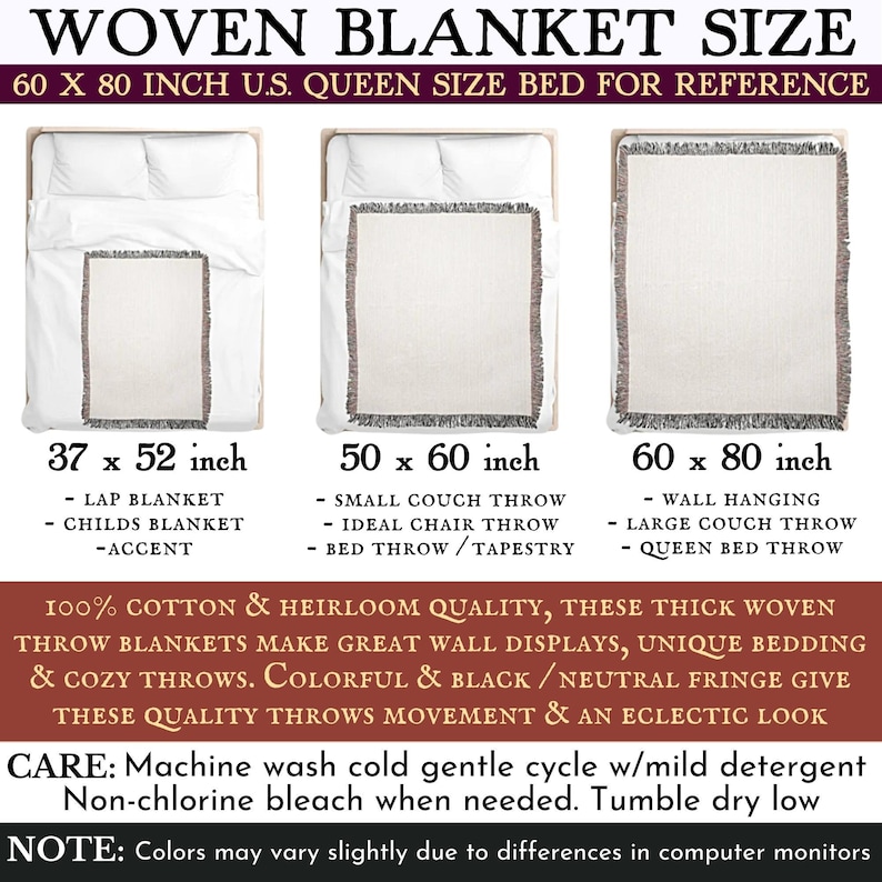 Pode incluir: Um gr&aacute;fico mostrando tr&ecirc;s cobertores de tecido de diferentes tamanhos, com dimens&otilde;es em polegadas. Os cobertores s&atilde;o mostrados em uma cama, um sof&aacute; e uma parede. O texto diz "WOVEN BLANKET SIZE 60 X 80 INCH U.S. QUEEN SIZE BED FOR REFERENCE". O texto tamb&eacute;m descreve os diferentes usos para cada tamanho de cobertor, como "cobertor para o colo", "cobertor pequeno para sof&aacute;" e "pendente de parede". O texto tamb&eacute;m indica que os cobertores s&atilde;o 100% algod&atilde;o e de qualidade de heran&ccedil;a.