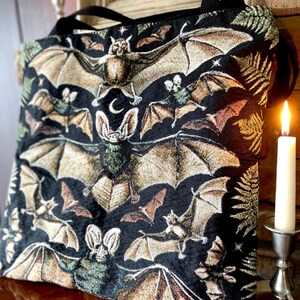 Vintage Halloween tapestry tote bag with gothic bats