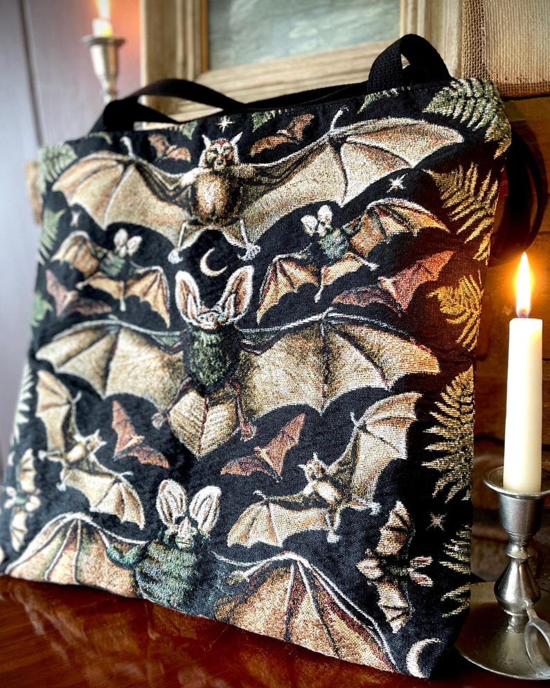 Vintage Halloween tapestry tote bag with gothic bats