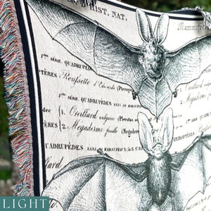 May include: A black and white tapestry featuring a detailed illustration of a bat with the text "HIST. NAT." and scientific classifications in French.