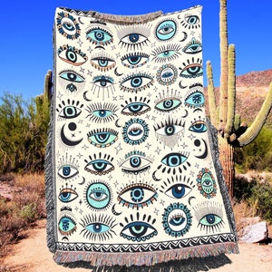 EVIL EYE Woven BLANKET Boho Woven Throw Blanket Tapestry Aesthetic | Evil Eye Fringe Blanket Moroccan Throw Bohemian Wall  Maximalist Decor