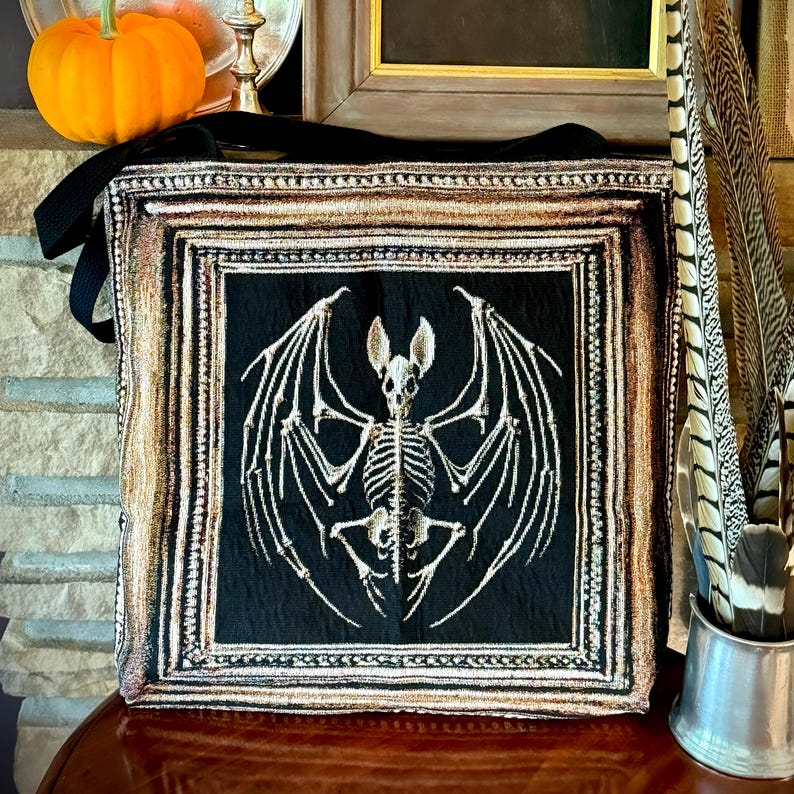 Vintage bat tote bag. Victorian gothic bat tote bag for vulture culture and oddities lovers. Bat woven tapestry tote bag with black shoulder straps. Double layered and very sturdy.