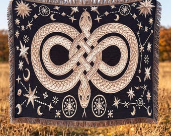Halloween Blanket Whimsigoth Decor CELESTIAL WOVEN BLANKET  Greek Mythology Gothic Tapestry Ouroborus Snake | Spooky Season Witchy Decor