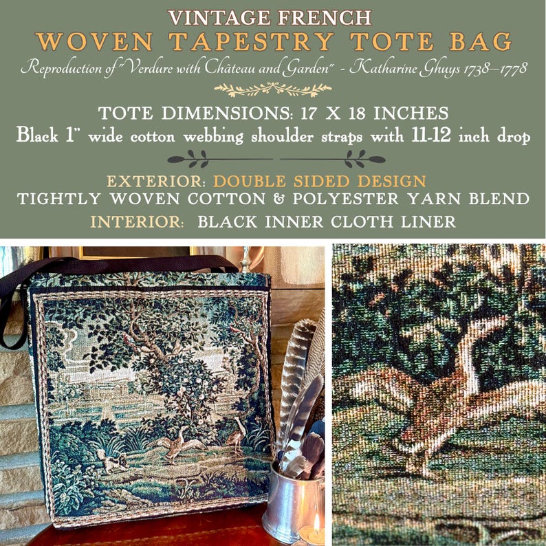 May include: A woven tapestry tote bag featuring a reproduction of Verdure with Chateau and Garden by Katharine Ghuys. The bag measures 17 by 18 inches with 1 inch wide black cotton webbing shoulder straps and a black inner cloth liner.