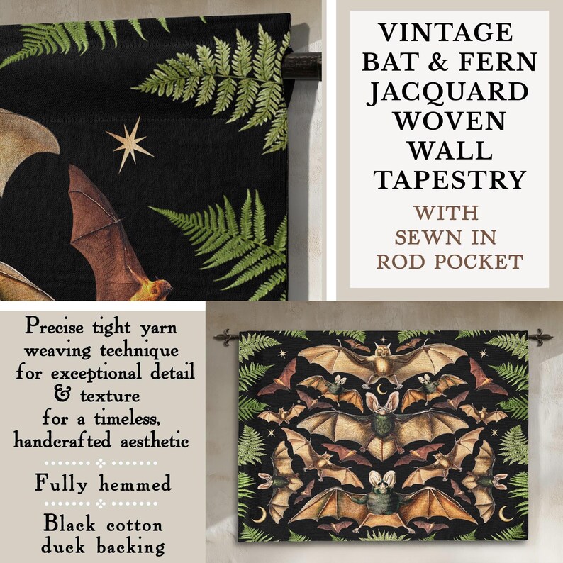 Vintage bat woven wall tapestry with sewn in rod pocket