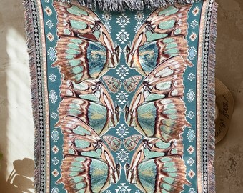 TEAL THROW Boho Throw Blanket Boho Chic Woven Blanket Mexican Blanket | Butterfly Wings Decor | Aztec Blanket Woven Tapestry Picnic Blanket