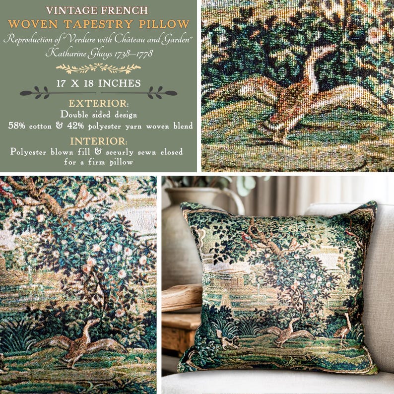 French tapestry pillow. Chateaucore decor. Castlecore decor woven pillow.
