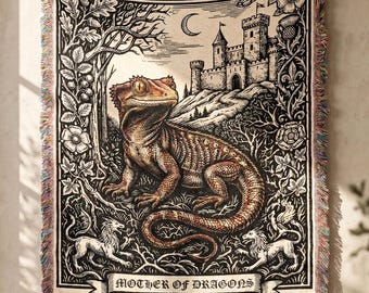 Crested Gecko Decor Lizard Blanket | Linocut Medieval TAPESTRY BLANKET Gecko Woven Blanket Reptile Lover Decor | Ren Faire Renaissance Decor