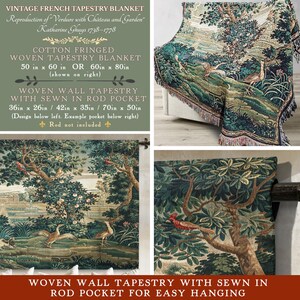 May include: A cotton fringed woven tapestry blanket and wall tapestry featuring a reproduction of Verdure with Chateau and Garden by Katharine Ghuys. The design depicts trees, birds, and a landscape in shades of green, brown, and cream.
