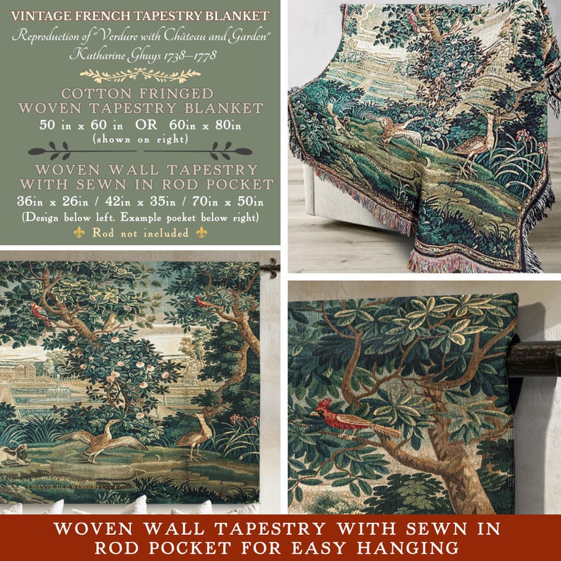 May include: A cotton fringed woven tapestry blanket and wall tapestry featuring a reproduction of Verdure with Chateau and Garden by Katharine Ghuys. The design depicts trees, birds, and a landscape in shades of green, brown, and cream.