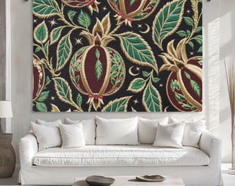 Tapiz de granada, manta tejida, tapiz medieval, manta navideña vintage, tapiz de pared con motivos vegetales, decoración medieval renacentista.