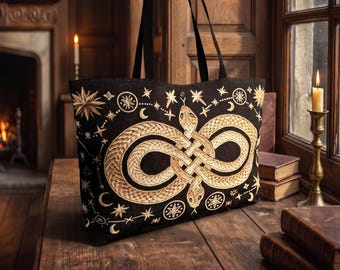 Whimsigoth Tote CELESTIAL Moon & Stars Halloween Tote | SNAKE Tapestry TOTE Weekender Bag | Greek Mythology Ouroborus Snake Infinity Symbol