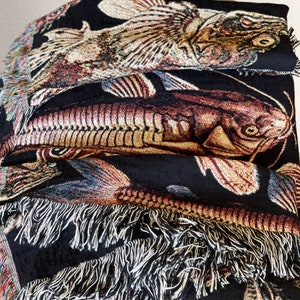 Fisherman aesthetic decor. This cool Grandpacore decor woven blanket with antique deep sea fish is a unique gift for him