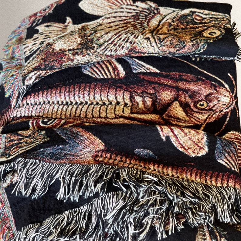 Fisherman aesthetic decor. This cool Grandpacore decor woven blanket with antique deep sea fish is a unique gift for him