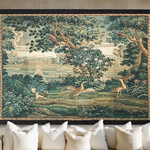 Vintage French verdure woven tapestry wall hanging with sewn in rod pockets and black border