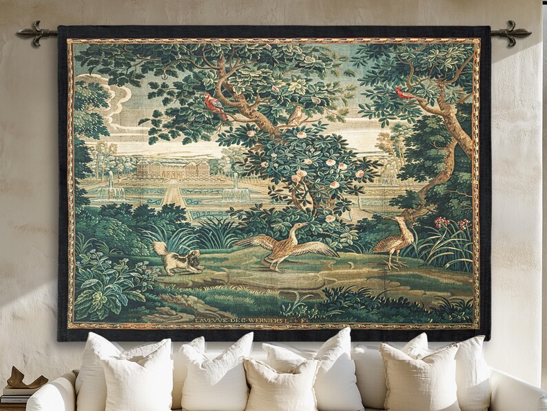Vintage French verdure woven tapestry wall hanging with sewn in rod pockets and black border