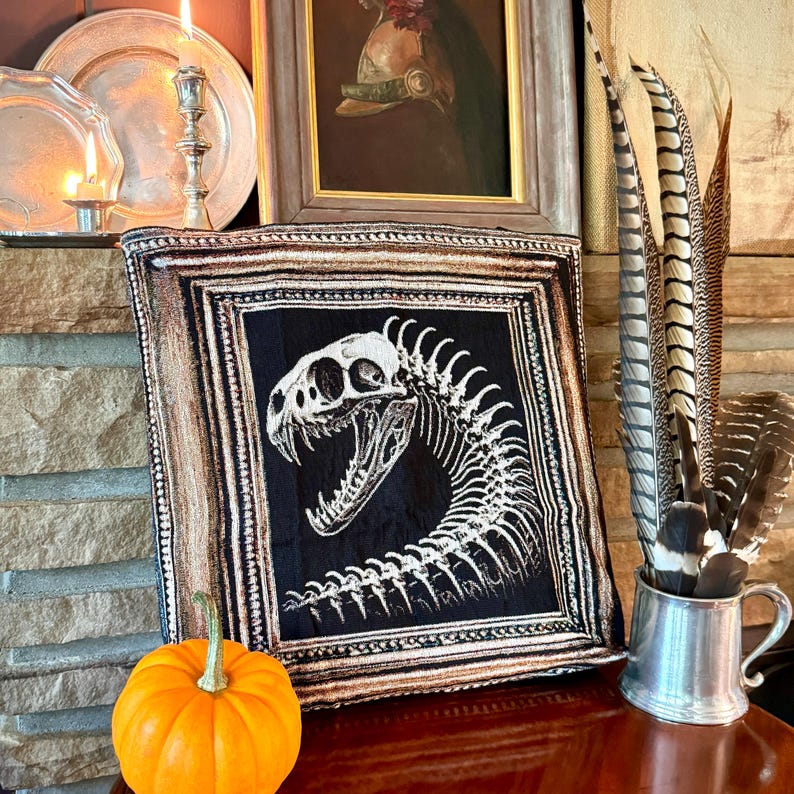 Snake skeleton tote bag. Snake tote bag. Serpent skeleton tote bag. Gothc tote with snake skeleton woven into a black background with a victorian gothic aesthetic.