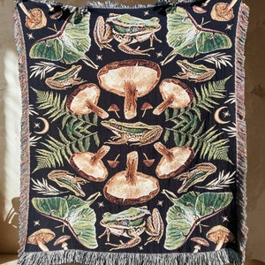 Luna moth and frog throw blanket. Vivid mushroom decor as well!