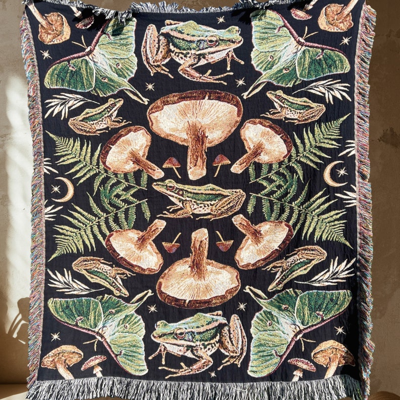 Luna moth and frog throw blanket. Vivid mushroom decor as well!