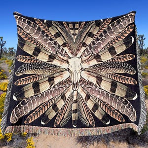Western Decor Boho COW SKULL Woven BLANKET Western Gothic Decor| Western Throw Blanket | Goth Cowgirl Decor Coastal Cowgirl Feather Tapestry