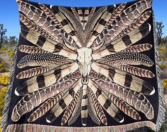 Western Decor Boho COW SKULL Woven BLANKET Western Gothic Decor| Western Throw Blanket | Goth Cowgirl Decor Coastal Cowgirl Feather Tapestry