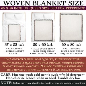 May include: Three woven blankets in different sizes, shown on a bed for reference. The blankets are cream colored with a fringe border. The sizes are 37 x 52 inches, 50 x 60 inches, and 60 x 80 inches. The text "100% Cotton & Heirloom Quality, these thick woven throw blankets make great wall displays, unique bedding & cozy throws. Colorful & black/neutral fringe give these quality throws movement & an eclectic look." is below the images.