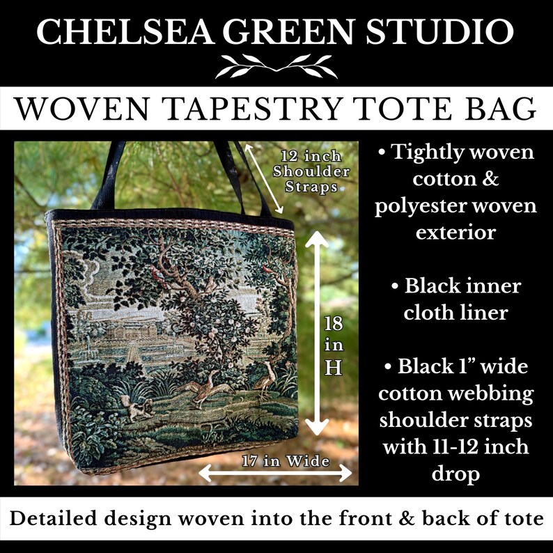 Puede incluir: Bolso tote de tapiz tejido con un dise&ntilde;o de paisaje detallado. El bolso tiene correas negras para los hombros y un forro interior negro. El exterior es de algod&oacute;n y poli&eacute;ster tejido apretado. El bolso mide 43 cm de ancho y 46 cm de alto.