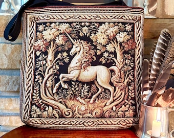 UNICORN Medieval Tapestry Tote Bag UNICORN TOTE Dark Academia Bag | Unicorn Embroidered Tote Bag Aesthetic | Renaissance Fair Medieval Tote