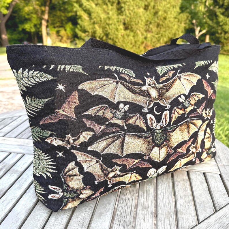 Large woven tapestry Halloween weekender bag with vintage bats