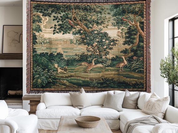 FRENCH TAPESTRY Woven Blanket Medieval Tapestry Blanket | French Country Decor Verdure Wall Tapestry | Mythical Medieval Renaissance Decor