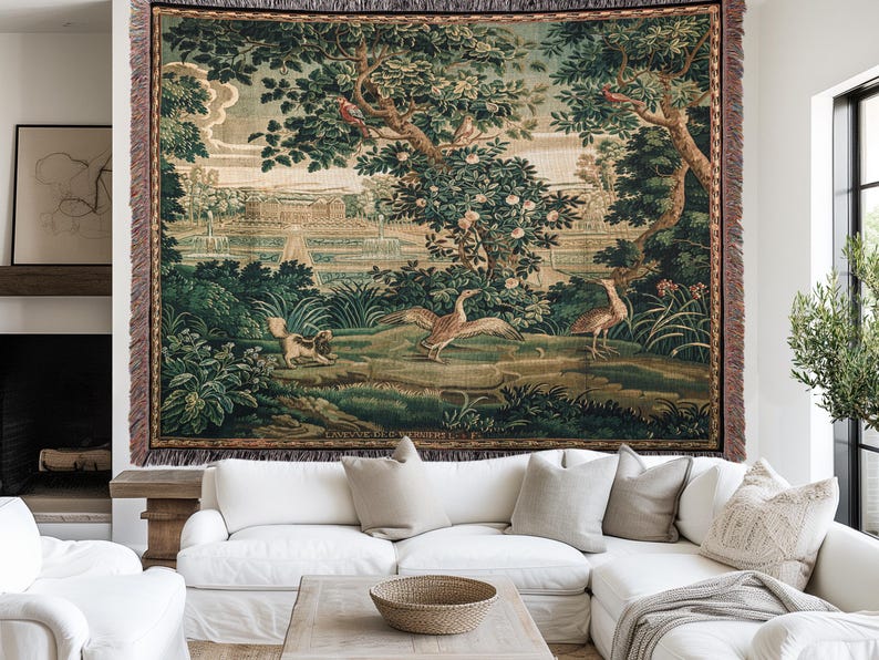 VINTAGE FRENCH TAPESTRY MEDIEVAL TAPESTRY FRENCH COUNTRY DECOR Verdure Wall Tapestry | Antique French Tapestry Blanket French Woven Blanket