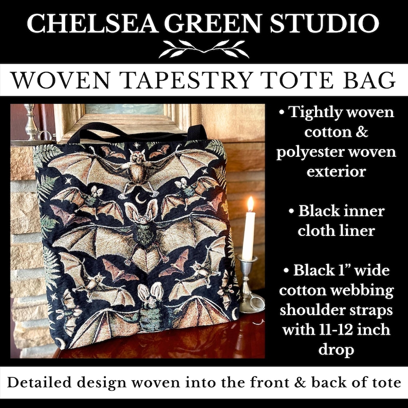 BAT TOTE BAG Bat Bag Dark Academia Tote | Bat Gifts | Bat Wings Woven Tapestry Bag Halloween Tote Bag Aesthetic Vintage Embroidered Tote Bag image 8