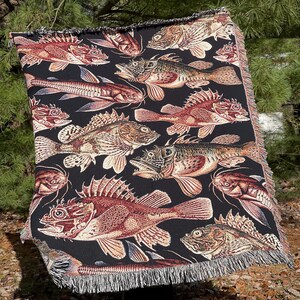 Lake house decor. Cabin decor with a fisherman aesthetic. Grandpacore decor throw blanket with fish. Perfect lake house decor, Christmas gift for the fisherman or fathers day gift for him
