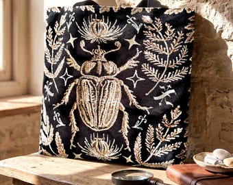 Vintage Insect Tote SCARAB BEETLE Woven Tapestry TOTE Gothic Cottagecore Tapestry Bag | Dark Botanical Whimsigoth Tote Embroidered Aesthetic