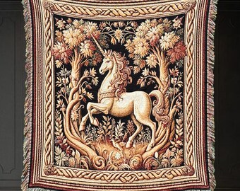 UNICORN WOVEN BLANKET Medieval Tapestry Blanket | Mythical Medieval Renaissance Decor | Regal Fantasy Decor | Unicorn Medieval Decor