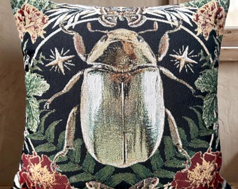 Scarab Beetle Tapestry Pillow WHIMSIGOTH DECOR Woven Pillow | October Birth Flower Marigold Gift Libra Scorpio | Dark Academia Woven Cushion