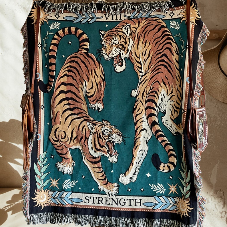 Tiger Blanket. Tiger Woven Blanket. Tiger Tapestry. Tiger Tarot Tapestry. Tiger Strength Tarot Tapestry. Green Woven Throw. Green Throw Blanket.