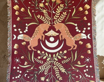 Scandinavian Christmas Woven Blanket FOX WOVEN THROW Blanket | Fox Blanket Swedish Christmas Decor | Woven Tapestry Blanket Swedish Folk Art