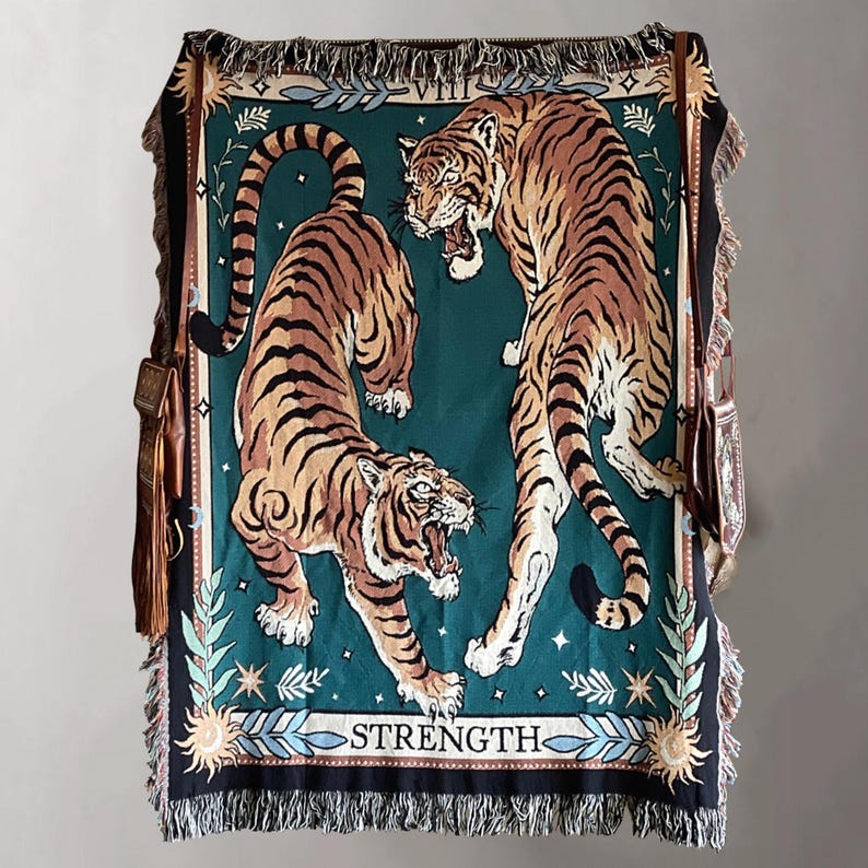 TIGER TAROT TAPESTRY Tiger Woven Blanket Dark Academia Decor Woven Throw Blanket Year of the Tiger Tapestry Aesthetic Decor Maximalist Decor image 6