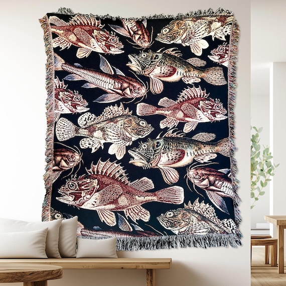 Fisherman Aesthetic VINTAGE FISH Woven BLANKET Fish Woven Tapestry Blanket | Fishing Gifts For Him | Fathers Day Gift | Fishing Gift For Dad