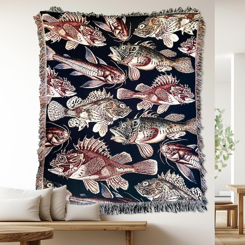 Fisherman aesthetic fish woven blanket. This vintage fishing blanket is the ideal cabin decor or lake house decor.